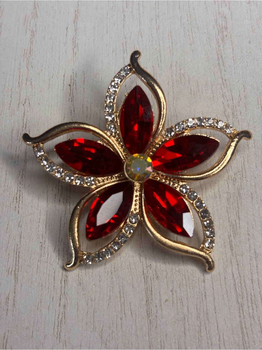 Gold Tone Red Crystal Flower Brooch | Rhinestone Statement Pin